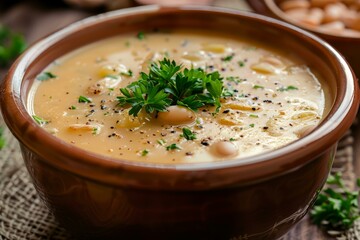 Hearty bean soup is topped with fresh parsley and served in a rustic brown bowl