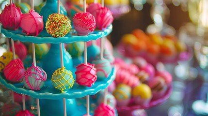 A whimsical cake pops display in bright colors.