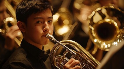 A young musician plays the French horn in an ensemble, surrounded by brass instruments, capturing the essence of a live performance.