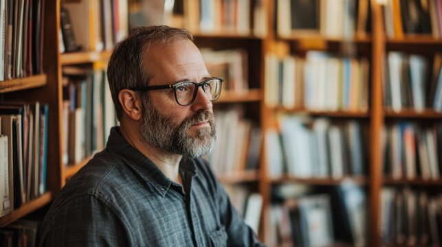 A middle-aged White man in his 40s with a beard and glasses browsing rare books at a cozy bookstore. - Powered by Adobe