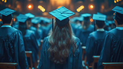 A student in a blue graduation gown and cap, standing among fellow graduates in a formal commencement ceremony setting