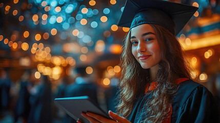 Young woman in graduation cap holding a tablet, surrounded by warm bokeh lights