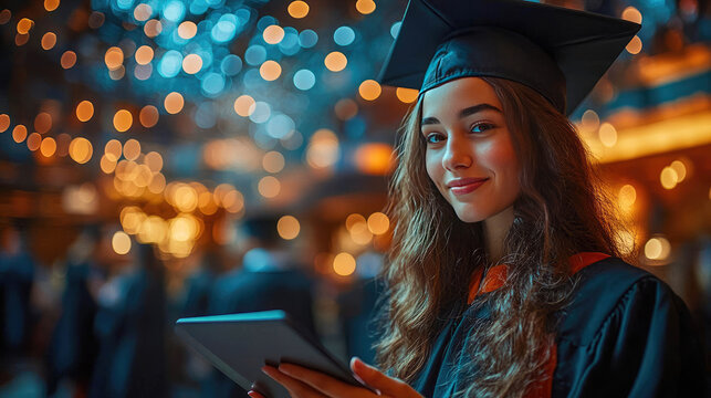 Young woman in graduation cap holding a tablet, surrounded by warm bokeh lights