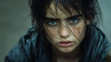 A young beggar, 26 years old. She has dirty hair and wears old clothes. She is walking in the rain 