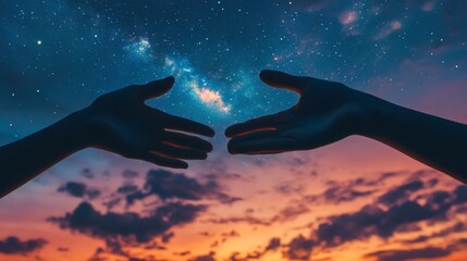 two hands approaching, silhouetted against a twilight sky full of stars. generative ai