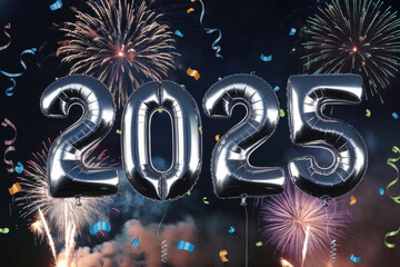 New years eve 2025 party celebration with confetti, balloons and fireworks banner card background for invitations design