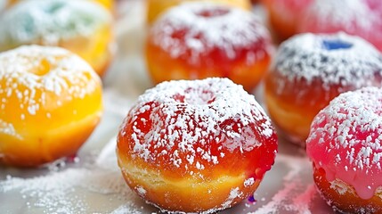 Colorful jelly-filled doughnuts dusted with powdered sugar.