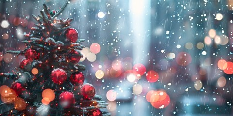 Immerse in the cheery and serene holiday spirit of a snowy city with a sparkling Christmas tree. Enjoy the festive glow and joy of this winter celebration, full of lights and happiness