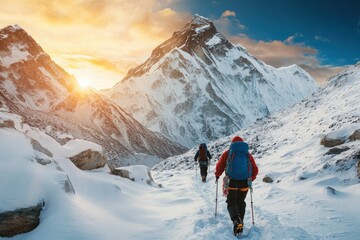 Climbers Navigate Snowy Mountain Path at Sunrise