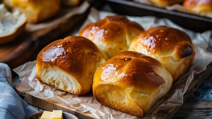 Freshly baked brioche rolls glistening with butter.