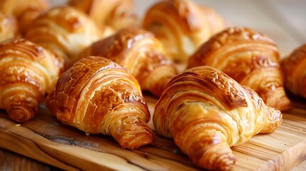 Freshly baked croissants arranged neatly on a wooden board.