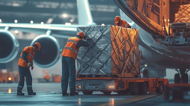 Workers load cargo onto an airplane in a busy airport hangar, showcasing teamwork and efficiency in air transportation logistics.
