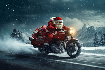 Santa Claus Driving Fast on Motorcycle Full of Gifts on Winter City Road: Delivery and Sale Concept