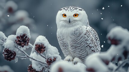 Obraz premium A snowy owl perches on a branch with pine cones in the foreground and snow covering the background