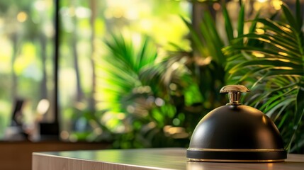 Modern hotel bell on a reception desk with tropical plants in the background, generative ai