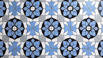 Fototapeta premium Closer look at a tiled wall with blue-white pattern outside and black-white inside