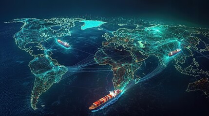 An illuminated map of the world highlighting major shipping routes and maritime connections with a captivating digital aesthetic.