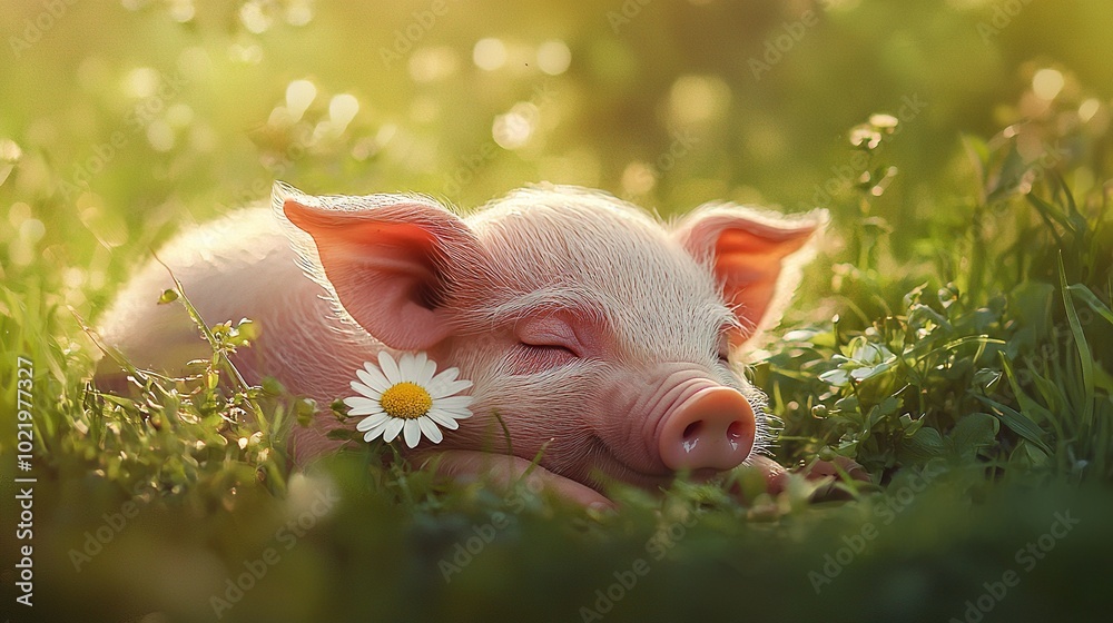 Poster   A piglet in grass with flower in mouth, sleeping