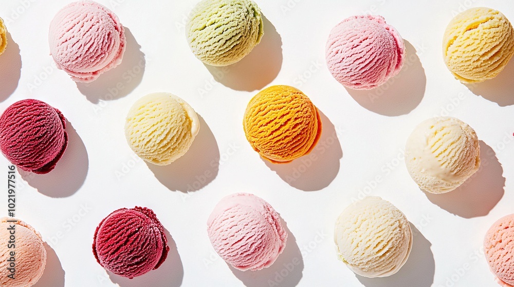 Canvas Prints   A collection of diverse-colored ice creams resting on a white table alongside one another on a white background