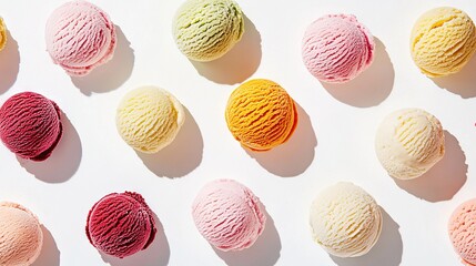   A collection of diverse-colored ice creams resting on a white table alongside one another on a white background