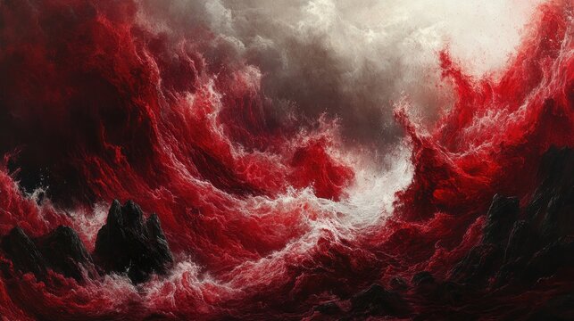 A dramatic, abstract painting of swirling red and white clouds with dark rock formations.