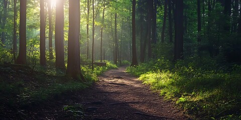 Fototapeta premium Sunbeams through forest trees on a path