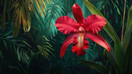   Red bloom amidst lush greenery & towering trees