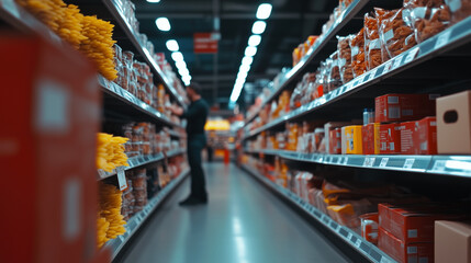 Fototapeta premium A sleek, modern supermarket aisle with shelves fully stocked and meticulously organized. Boxes of pasta, sauces, and cereals line the shelves in perfect order, creating a well-stru