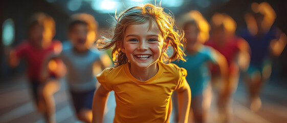 Obraz premium Group of joyful children sprinting down a track, laughing, bright stadium lighting