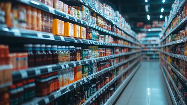 A spacious supermarket aisle with shelves full of diverse, well-organized products. Every item is placed with precision, from colorful boxes to neatly lined bottles, creating a sen