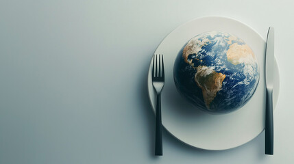 A detailed Earth globe resting on an elegant plate, with a fork and knife symmetrically positioned beside it. The soft light background adds to the conceptual imagery of global foo