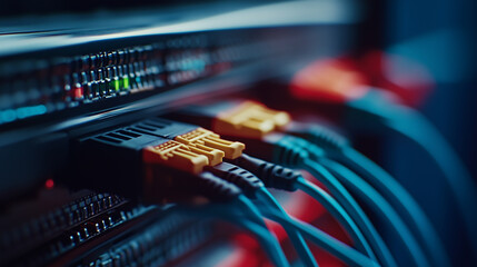 Naklejka premium A close-up shot of multiple network cables in blue, green, and red, each ending in distinctive yellow connectors, all plugged into a modern server. The intricate details of the wir
