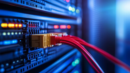 Naklejka premium Vivid blue and red network cables with yellow connectors, precisely slotted into a server panel. The sleek design and vibrant colors highlight the sophisticated nature of communica