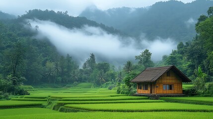 Fototapeta premium Wooden hut on vibrant green rice terraces, misty mountains in the background, serene atmosphere