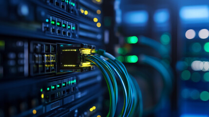 A detailed close-up of vibrant network cables in shades of green and blue, attached to a server with eye-catching yellow connectors. The image highlights the intricate connections