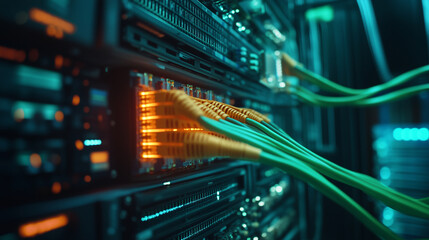 Naklejka premium Vibrant colored network cables in green, orange, and blue, with yellow connectors plugged into a server panel. The intricate cabling reflects the sophistication of modern data cent