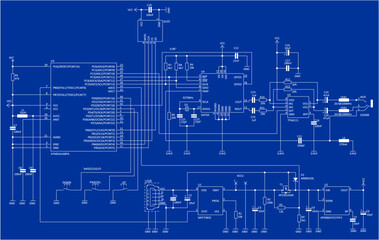 Schematic diagram of electronic device.
Vector drawing electrical circuit with 
integrated circuit, usb, microcontroller,
resistor, capacitor, other components 
on background of paper sheet.