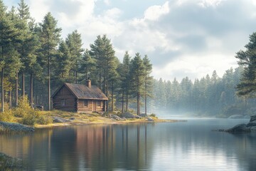 Obraz premium A wooden cabin sits on the edge of a lake in a pine forest, with misty morning air and sunbeams.