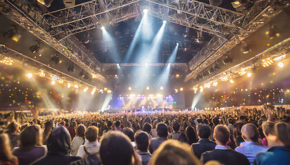 A large crowd enjoys a live music concert at an indoor venue with vibrant lights and an energetic atmosphere at night