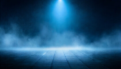 Mysterious blue light illuminating a foggy empty space in a dimly lit environment