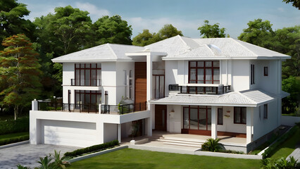 a two-story family home and a two-story gable roof with white tiles generative ai