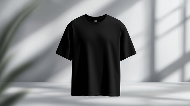A bold black plus-size T-shirt mockup displayed in front view on a softly blurred gray background. The stark contrast between the shirt and the background creates a modern, high-im
