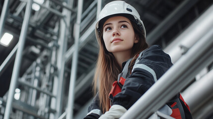 Fototapeta premium A young female industrial apprentice in safety gear, climbing a metal scaffold inside a factory, surrounded by industrial equipment. Bright natural light filters in, leaving copy s