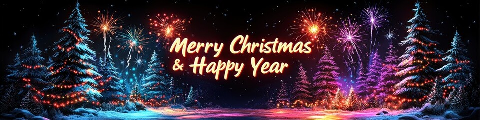 Vibrant Merry Christmas and Happy New Year Greeting with Colorful Fireworks and Illuminated Snowy Trees Background