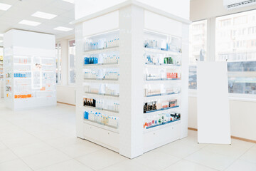 Empty drugstore chemist`s shop pharmacy without staff clients customers visitors with remedies, pills, medicines, goods, painkillers, jars on shelves