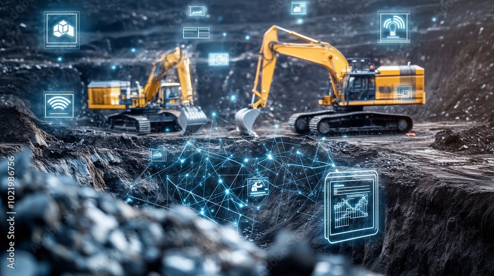 Wall mural excavators working at coal mine site using artificial intelligence technology