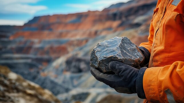 Geologist holding manganese rock overlooking open pit mine