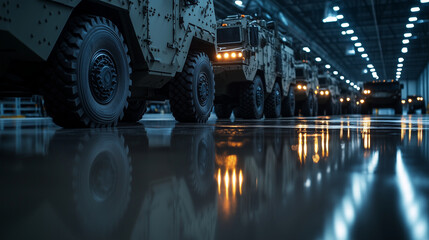 Naklejka premium In a large factory with polished concrete floors, military armored vehicles are neatly lined up under the harsh glare of industrial lights. Their tough exteriors and heavy-duty whe