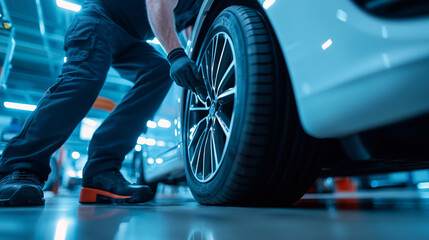 Inside a state-of-the-art auto workshop, a technician expertly replaces a carâs winter tire with a summer tire, surrounded by modern tools and equipment. The bright lighting highli