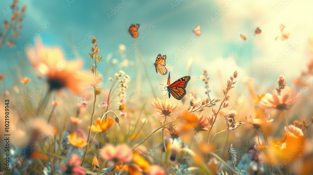 Poster bright meadow flowers bloom while butterflies dance around, creating a lively and serene atmosphere 